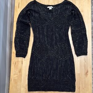 ARDEN B SWEATER DRESS WOMENS M GOLD FLAKE TEXTURED KNIT BLACK SCOOP-NECK STRETCH